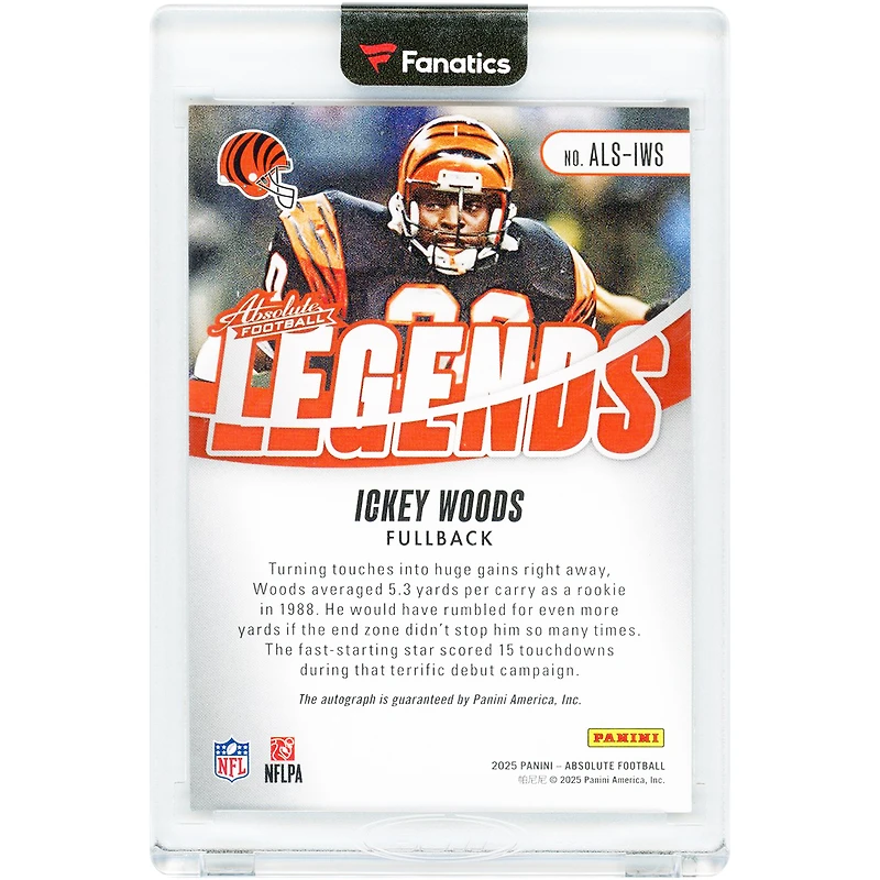 Carte autographiée d'Ickey Woods (Cincinnati Bengals) 2025 Panini Absolute Legends Gold #ALS-IWS #4/10