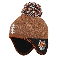Bonnet tricoté marron pour bébé avec pompon et motif tête de football des Bengals de Cincinnati