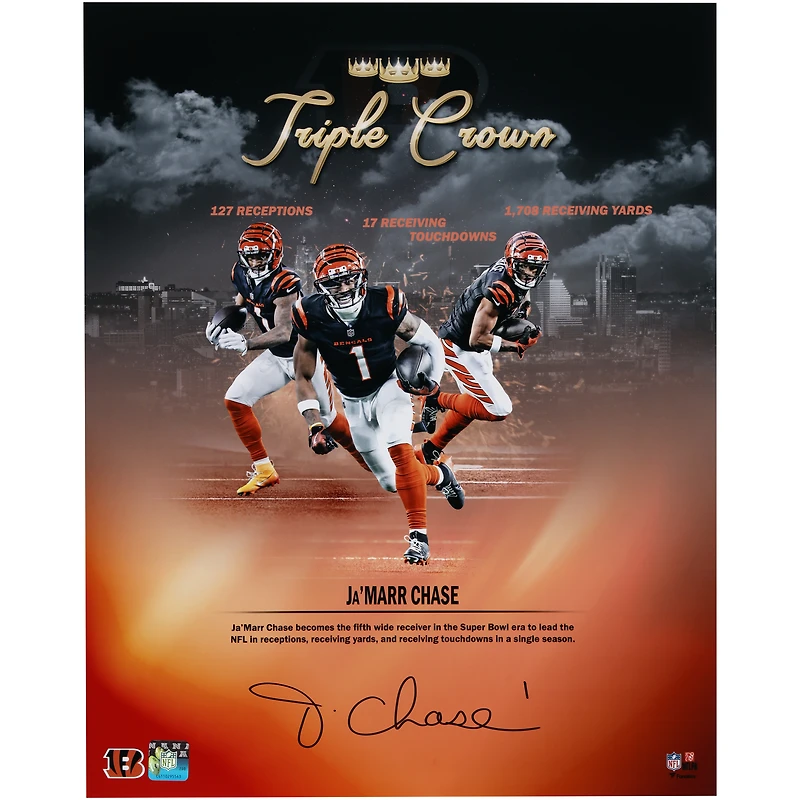 Photographie autographiée de 16" x 20" de Ja'Marr Chase Cincinnati Bengals, Triple Crown Collage 2024