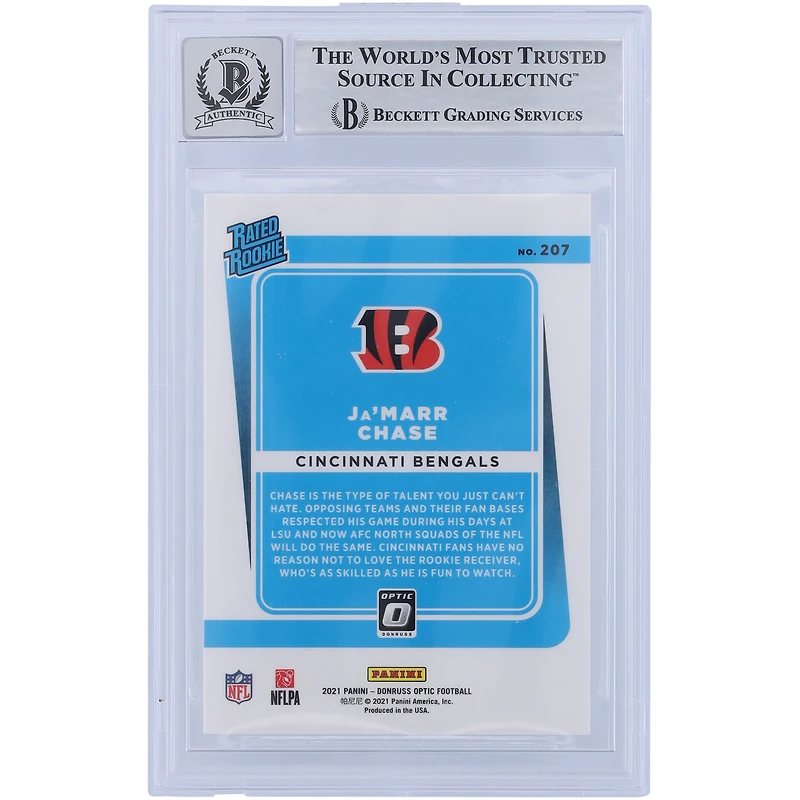 Ja'Marr Chase Cincinnati Bengals Carte Rookie authentifiée 2021 Panini Donruss Optic classée Rookie #207 Beckett Fanatics Witnessed 10 Rookie