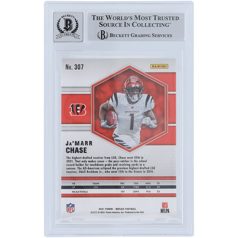 Carte de recrue 9/10 authentifiée signée Ja'Marr Chase Cincinnati Bengals 2021 Panini Mosaic #307 Beckett Fanatics Witnessed