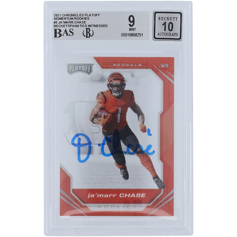Ja'Marr Chase Cincinnati Bengals dédicacé 2021 Panini Playoff Momentum #PMR-5 Beckett Fanatics témoins authentifiés 9/10 Rookie Card