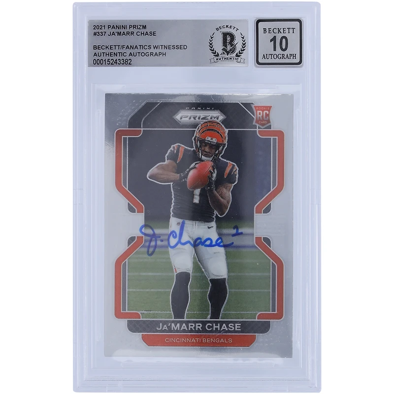 Carte de recrue Panini Prizm #337 2021 autographiée par Ja'Marr Chase des Bengals de Cincinnati, témoin des fanatiques de Beckett, authentifiée 10