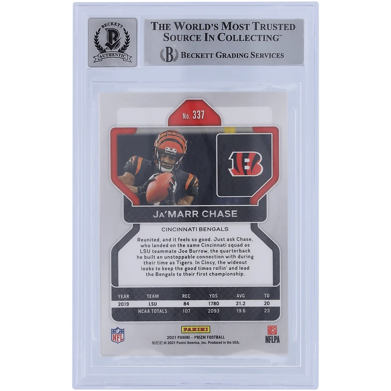 Carte de recrue Panini Prizm #337 2021 autographiée par Ja'Marr Chase des Bengals de Cincinnati, témoin des fanatiques de Beckett, authentifiée 10