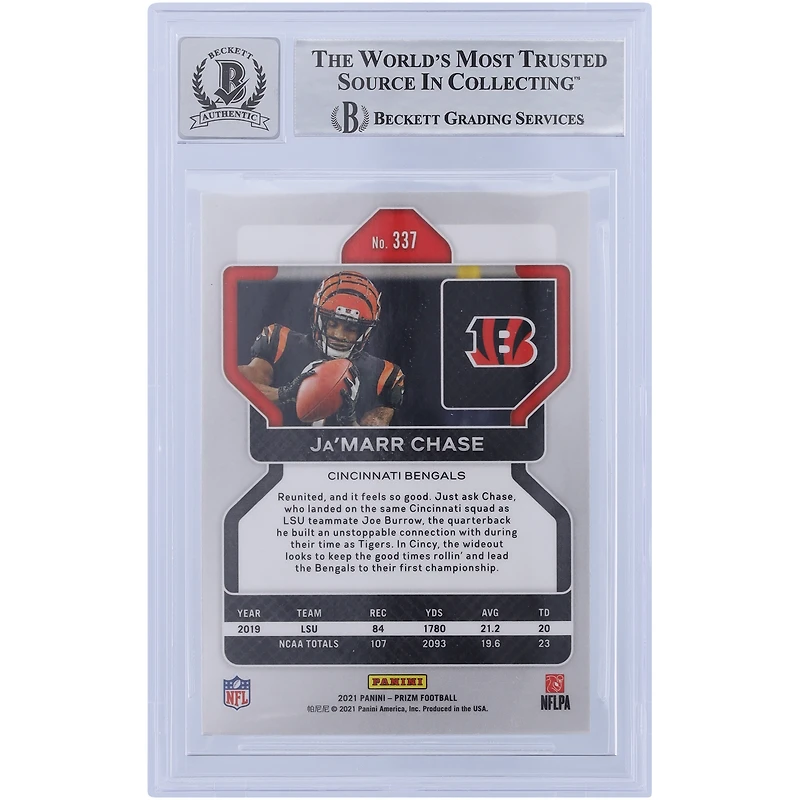 Carte de recrue 9/10 authentifiée signée Ja'Marr Chase Cincinnati Bengals 2021 Panini Prizm #337 Beckett Fanatics Witnessed
