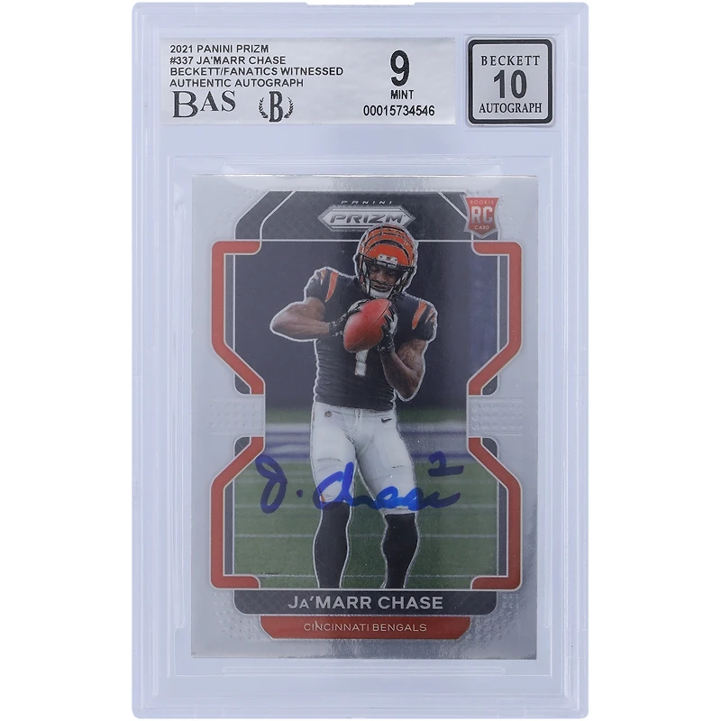 Carte de recrue 9/10 authentifiée signée Ja'Marr Chase Cincinnati Bengals 2021 Panini Prizm #337 Beckett Fanatics Witnessed