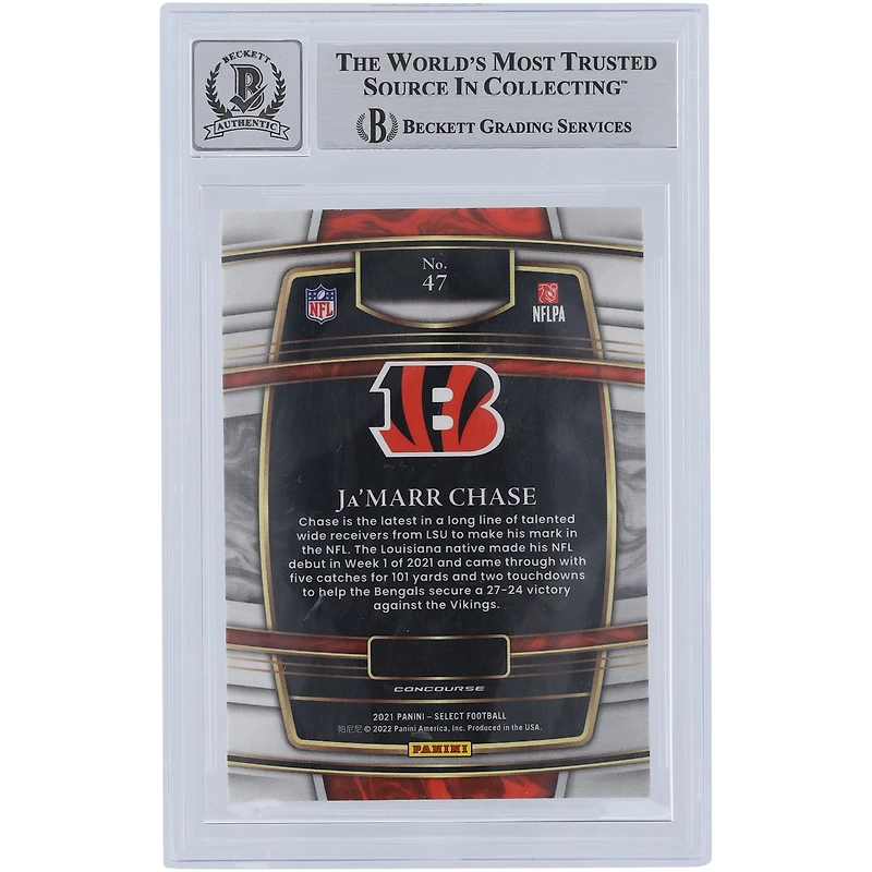 Ja'Marr Chase Cincinnati Bengals dédicacé 2021 Panini Select Concourse #47 Beckett Fanatics témoins authentifiés 10 Rookie Card