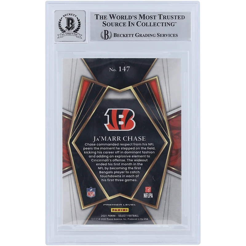 Carte de recrue Panini Select #147 Beckett 2021 autographiée par Ja'Marr Chase Cincinnati Bengals, avec inscription « Who Dey » et témoins de fanatiques