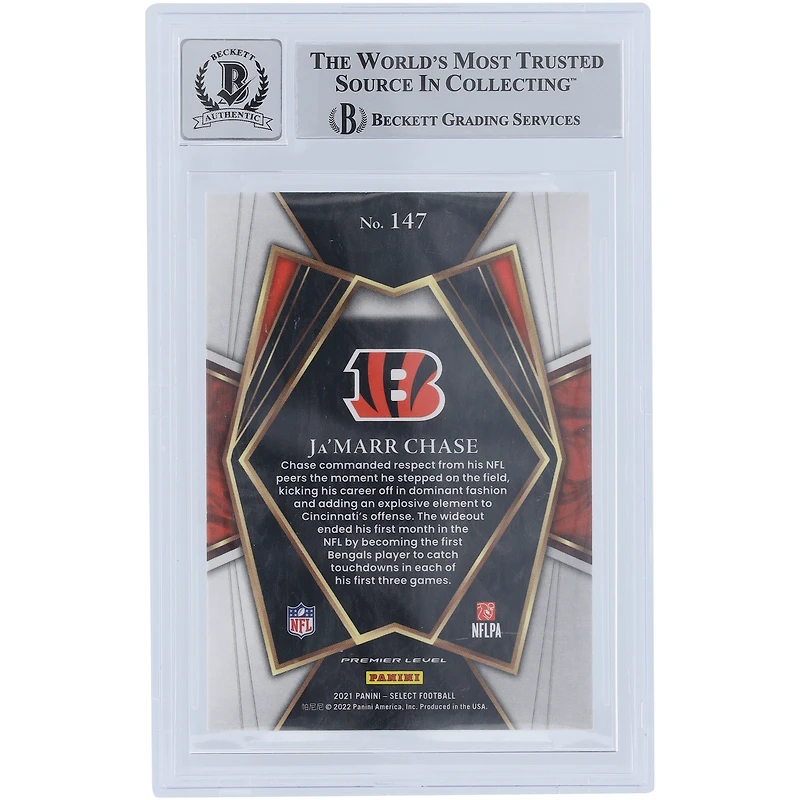 Carte de recrue Panini Select #147 Beckett 2021 autographiée par Ja'Marr Chase Cincinnati Bengals, carte de recrue authentifiée et témoin des fanatiques de Beckett