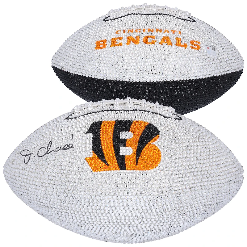 Ja'Marr Chase Cincinnati Bengals Autographed Swarovski Crystal White Panel Football - Art by Rock On Sports 
