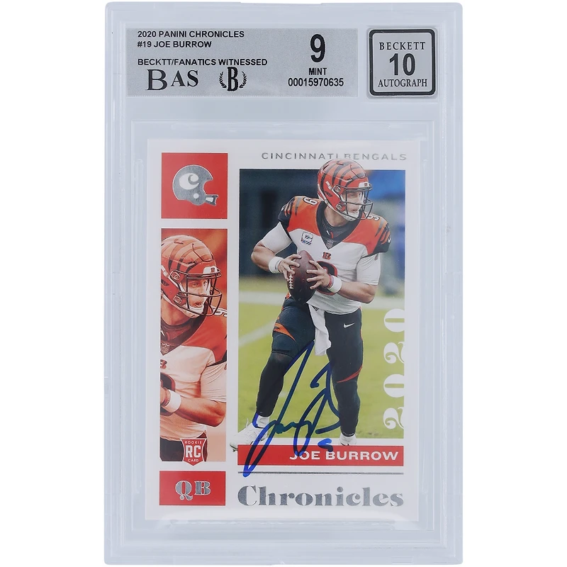 Carte de recrue 9/10 authentifiée 2020 Panini Chronicles #19 Beckett Fanatics autographiée par Joe Burrow Cincinnati Bengals - Sous-grades 8.5,9,9,9.5
