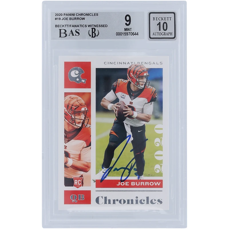 Carte de recrue 9/10 authentifiée 2020 Panini Chronicles #19 Beckett dédicacée par Joe Burrow Cincinnati Bengals - Sous-catégories 9.5,8.5,9,9.5