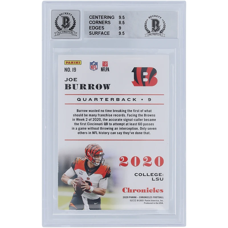Joe Burrow Cincinnati Bengals Autographed 2020 Panini Chronicles #19 Beckett Fanatics Witnessed Authenticated 9/10 Rookie Card - 9.5,8.5,9,9.5 Subgrades