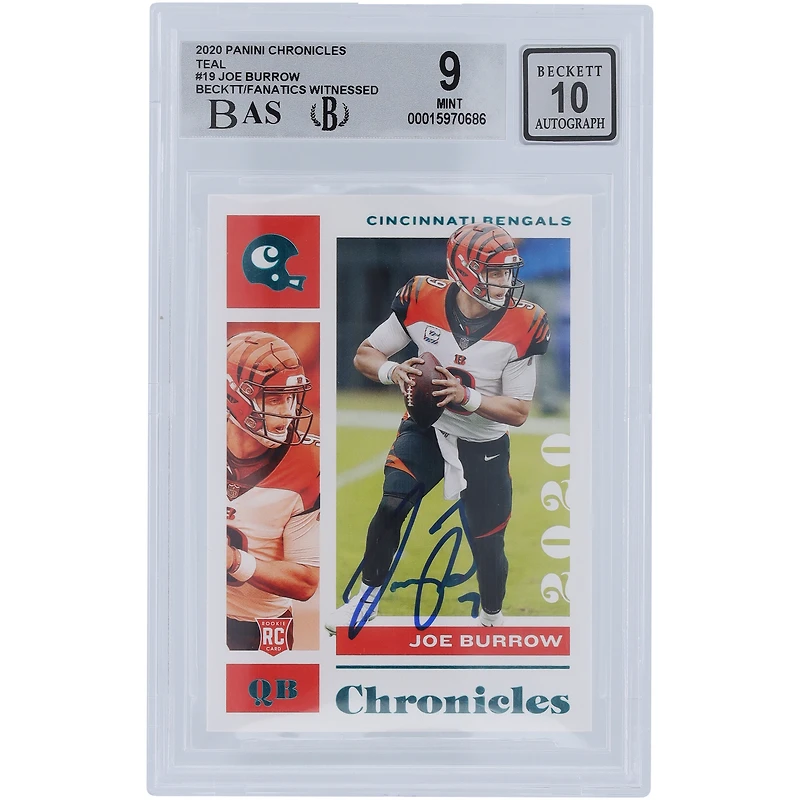 Carte de recrue 9/10 authentifiée 2020 Panini Chronicles Teal #19 Beckett Fanatics autographiée par Joe Burrow Cincinnati Bengals - Sous-grades 9.5,8.5,9,9.5