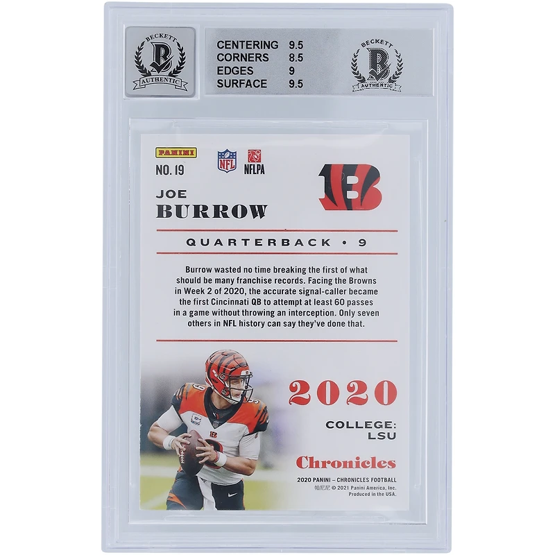 Carte de recrue 9/10 authentifiée 2020 Panini Chronicles Teal #19 Beckett Fanatics autographiée par Joe Burrow Cincinnati Bengals - Sous-grades 9.5,8.5,9,9.5