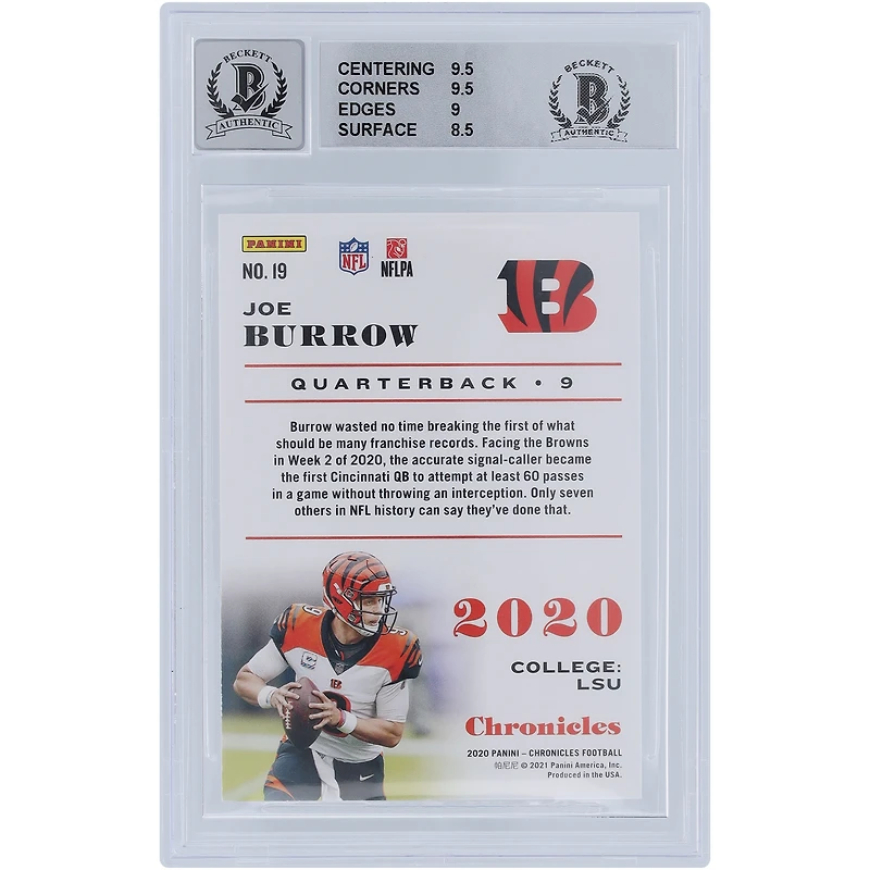Joe Burrow Cincinnati Bengals Autographed 2020 Panini Chronicles Teal #19 Beckett Fanatics Witnessed Authenticated 9/10 Rookie Card - 9.5,9.5,9,8.5 Subgrades