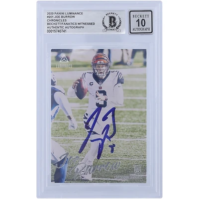 Carte de recrue Panini Luminance #201 autographiée 2020 de Joe Burrow Cincinnati Bengals, témoin des fanatiques de Beckett, authentifiée 10