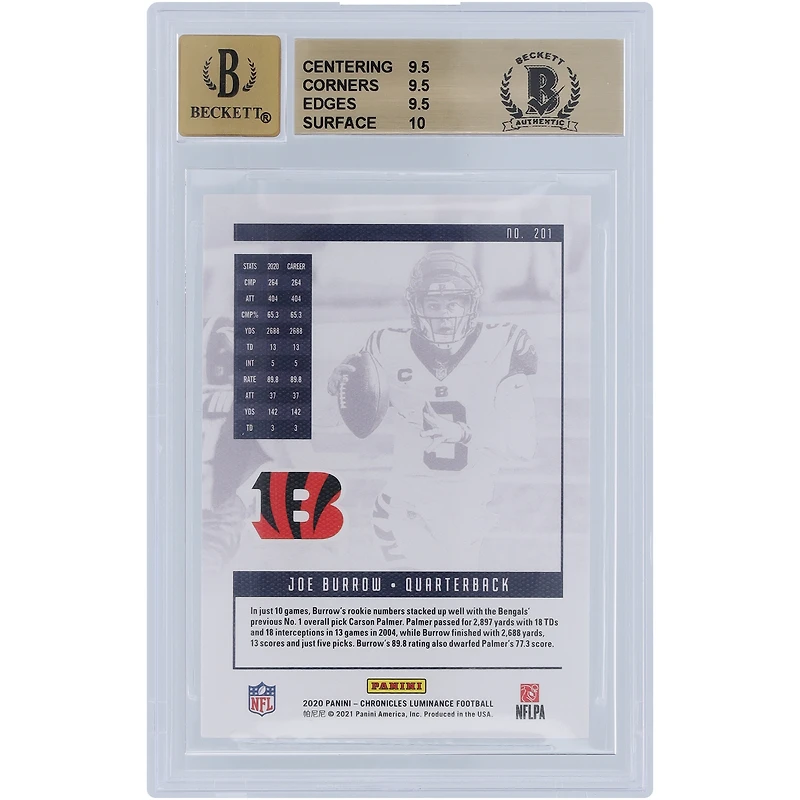 Carte recrue autographiée Panini Luminance #201 Beckett 2020 des Bengals de Cincinnati dédicacée par Joe Burrow, témoin des fanatiques de Beckett, authentifiée 9,5/10 - Sous-grades 9,5, 9,5, 9,5, 10