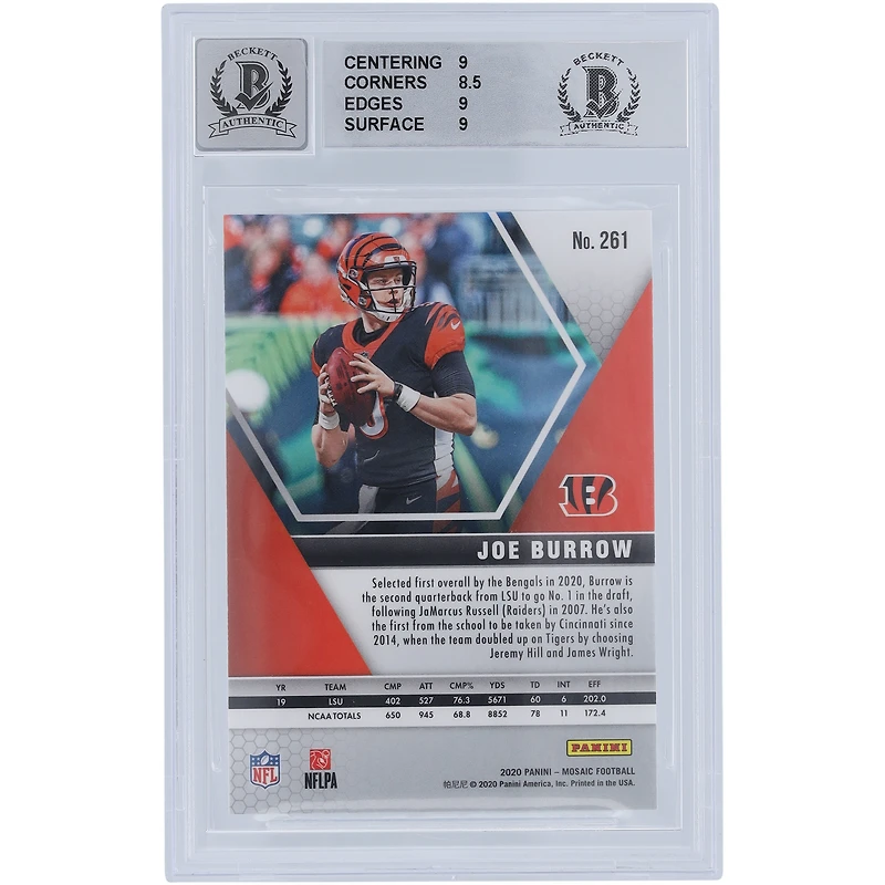 Carte de recrue 9/10 authentifiée 2020 Panini Mosaic #261 signée Joe Burrow Cincinnati Bengals par les fanatiques de Beckett - Sous-grades 9, 8, 5, 9, 9