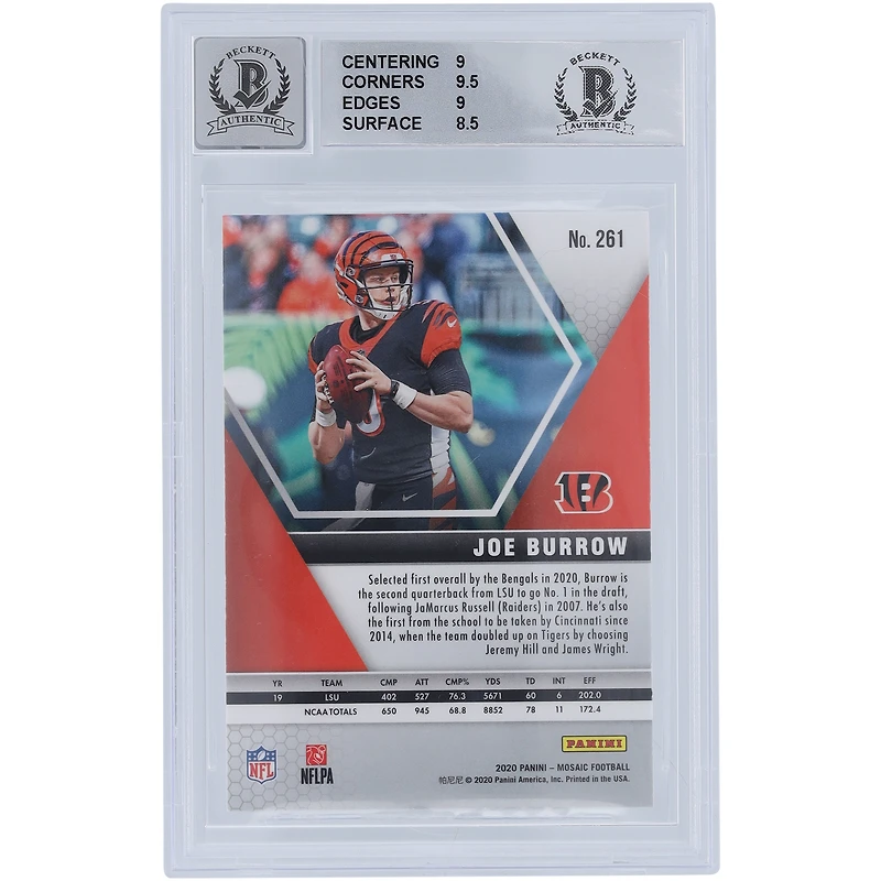 Carte de recrue 9/10 authentifiée 2020 Panini Mosaic #261 signée Joe Burrow Cincinnati Bengals par les fanatiques de Beckett - Sous-catégories 9, 9, 5, 9, 8, 5