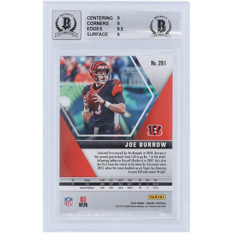 Carte de recrue 9/10 authentifiée 2020 Panini Mosaic #261 signée Joe Burrow Cincinnati Bengals par les fanatiques de Beckett - Sous-catégories 9,9,9.5,9
