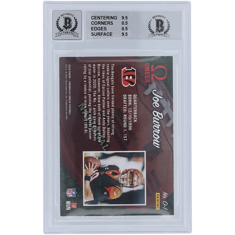 Carte recrue 8,5/10 authentifiée 2020 Panini Omega #0-1 Beckett autographiée par Joe Burrow Cincinnati Bengals - Sous-catégories 9,5, 8,5, 8,5, 9,5