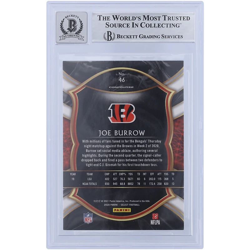 Joe Burrow Cincinnati Bengals Autographed 2020 Panini Select #46 Beckett Fanatics Witnessed Authenticated 10 Rookie Card