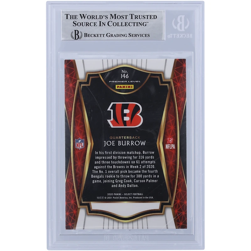 Joe Burrow Cincinnati Bengals Autographed 2020 Panini Select Premier Level #146 Beckett Fanatics Witnessed Authenticated Rookie Card