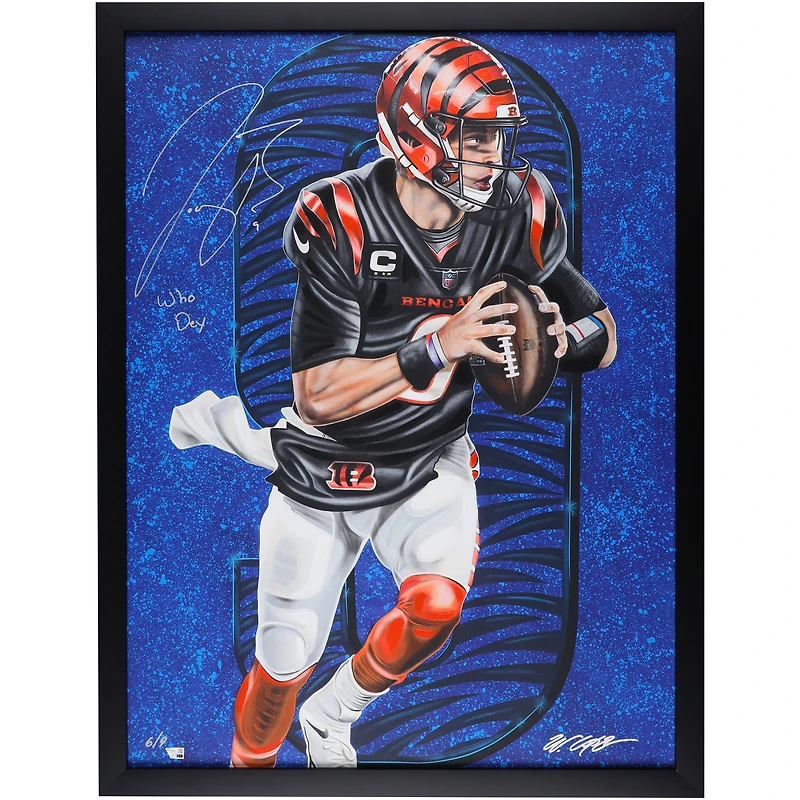 Impression giclée encadrée autographiée de 30" x 40" de Joe Burrow Cincinnati Bengals avec inscription "Who Dey" - Art de Bill Lopa - Édition limitée à 9