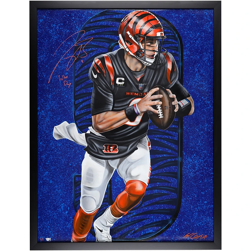 Toile originale encadrée autographiée de Joe Burrow Cincinnati Bengals 36" x 47" avec inscription "Who Dey" - Art de Bill Lopa - Édition limitée #1/1