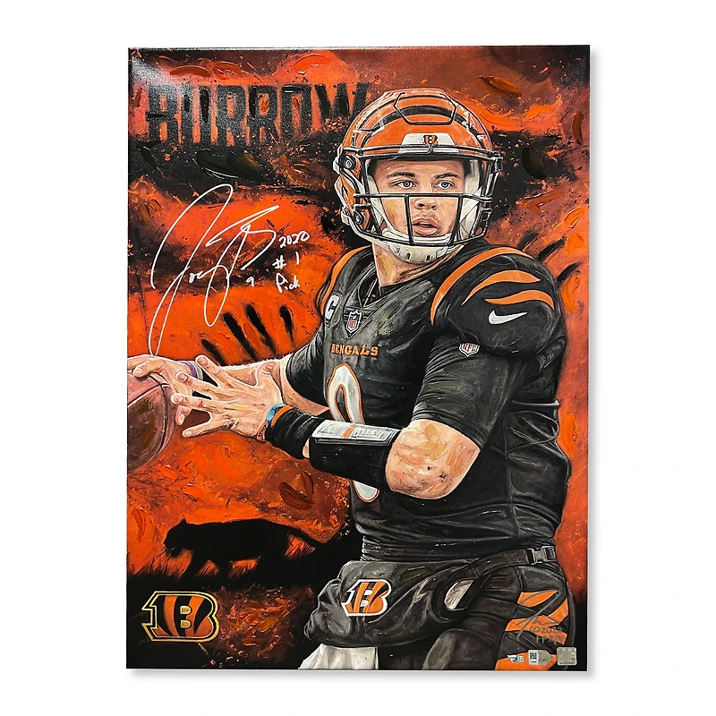 Impression giclée sur toile étirée autographiée de 24" x 36" de Joe Burrow Cincinnati Bengals avec inscription "#1 Pick" - Art de Justyn Farano - Édition limitée à 9