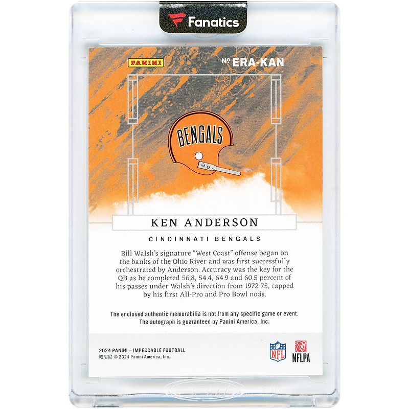 Ken Anderson Cincinnati Bengals Autographed 2024 Panini Impeccable Relic #ERA-KAN #20/75 Card