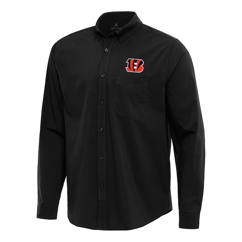 Men's Antigua Black Cincinnati Bengals Flight Woven Tri-Blend Long Sleeve Button-Down Shirt