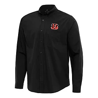 Men's Antigua Black Cincinnati Bengals Flight Woven Tri-Blend Long Sleeve Button-Down Shirt