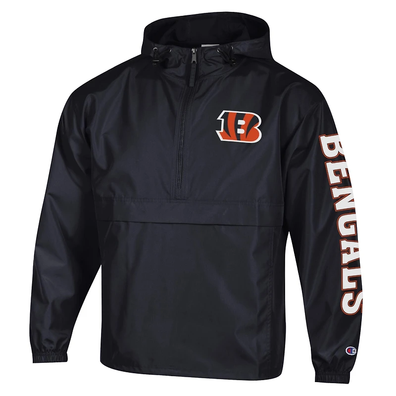 Men's Champion Black Cincinnati Bengals Packable Hooded Windbreaker Half-Zip Jacket