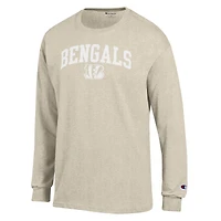 T-shirt à manches longues Champion Heather Oatmeal Cincinnati Bengals pour homme, imprimé encre blanche