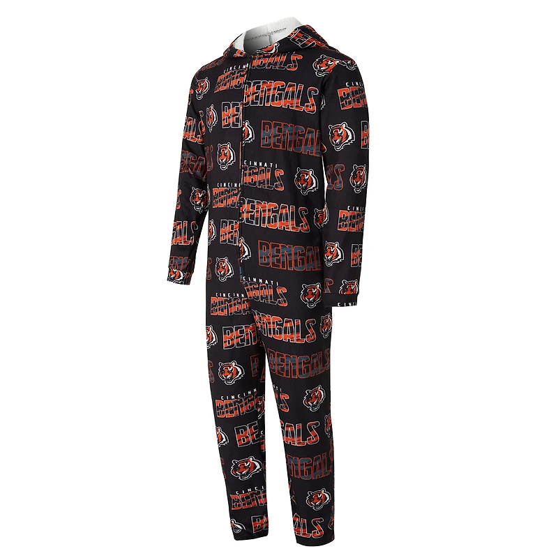 Men's Concepts Sport Black Cincinnati Bengals Shuffle All-Over-Print Microfleece Full-Zip Union Suit