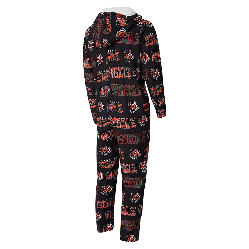 Men's Concepts Sport Black Cincinnati Bengals Shuffle All-Over-Print Microfleece Full-Zip Union Suit