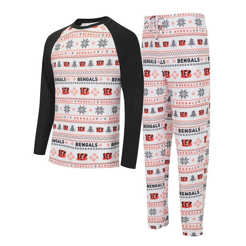 Ensemble de nuit pour homme Concepts Sport blanc/noir Cincinnati Bengals Tinsel Raglan à manches longues et pantalon