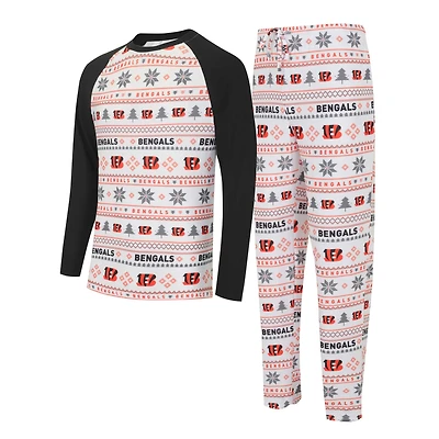 Ensemble de nuit pour homme Concepts Sport blanc/noir Cincinnati Bengals Tinsel Raglan à manches longues et pantalon