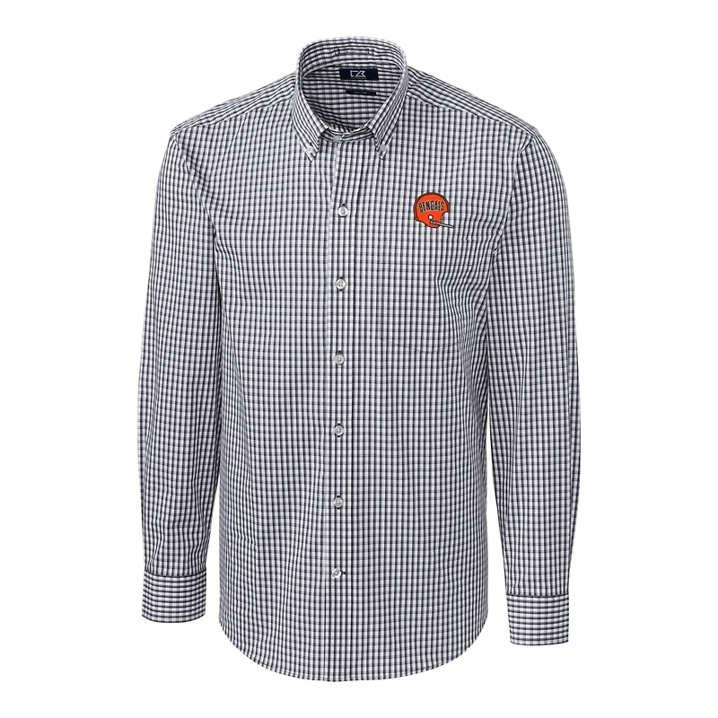 Men's Cutter & Buck Charcoal Cincinnati Bengals Throwback Logo Easy Care Stretch Gingham Big Tall Long Sleeve Button-Down Shirt