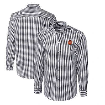 Chemise à manches longues boutonnée Cutter & Buck pour homme, couleur anthracite, logo rétro des Bengals de Cincinnati, en tissu vichy extensible facile d'entretien et grandes tailles.