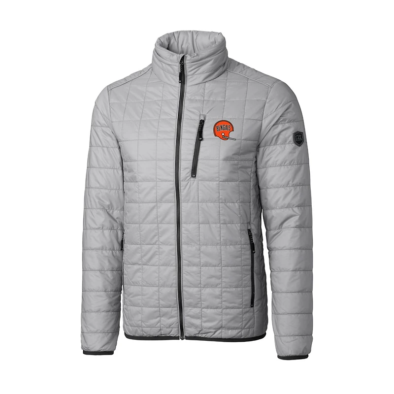 Doudoune zippée intégrale Cutter & Buck grise à logo rétro des Bengals de Cincinnati, modèle Rainier, isolée PrimaLoft Eco.