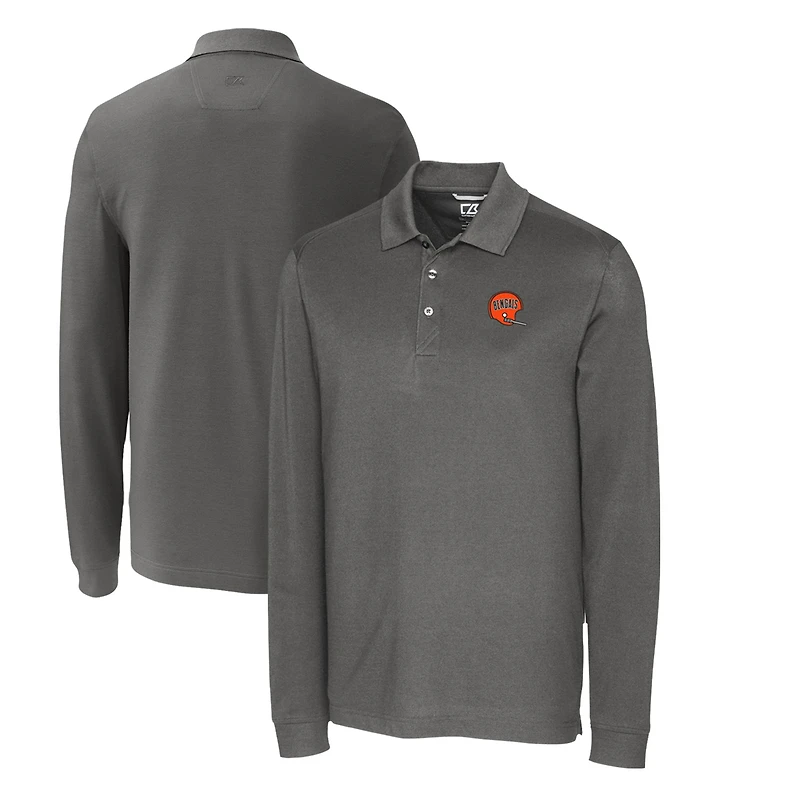Men's Cutter & Buck Steel Cincinnati Bengals Advantage Tri-Blend Pique Long Sleeve Throwback Polo