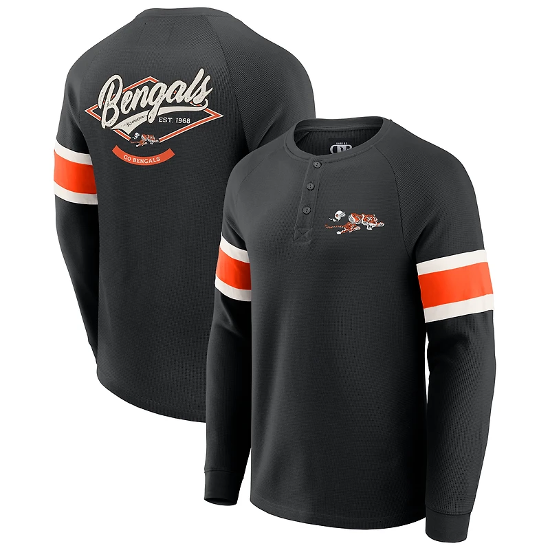 T-shirt Henley à manches longues et col raglan gaufré noir pour homme, collection Darius Rucker par Fanatics, des Bengals de Cincinnati