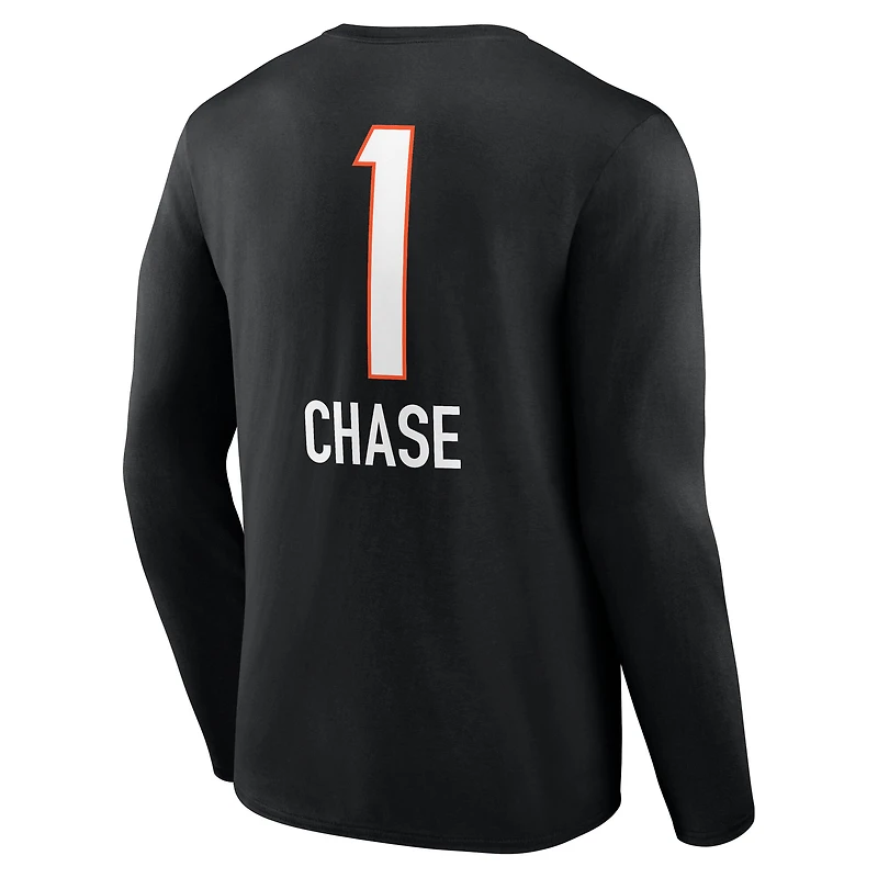 T-shirt à manches longues noir pour homme Ja'Marr Chase, avec nom et numéro de l'équipe des Bengals Cincinnati