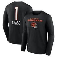 T-shirt à manches longues noir pour homme Ja'Marr Chase, avec nom et numéro de l'équipe des Bengals Cincinnati