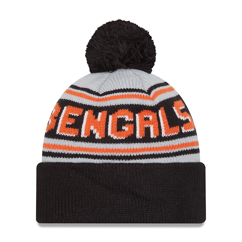Bonnet en tricot à revers principal New Era noir des Bengals de Cincinnati pour hommes avec pompon