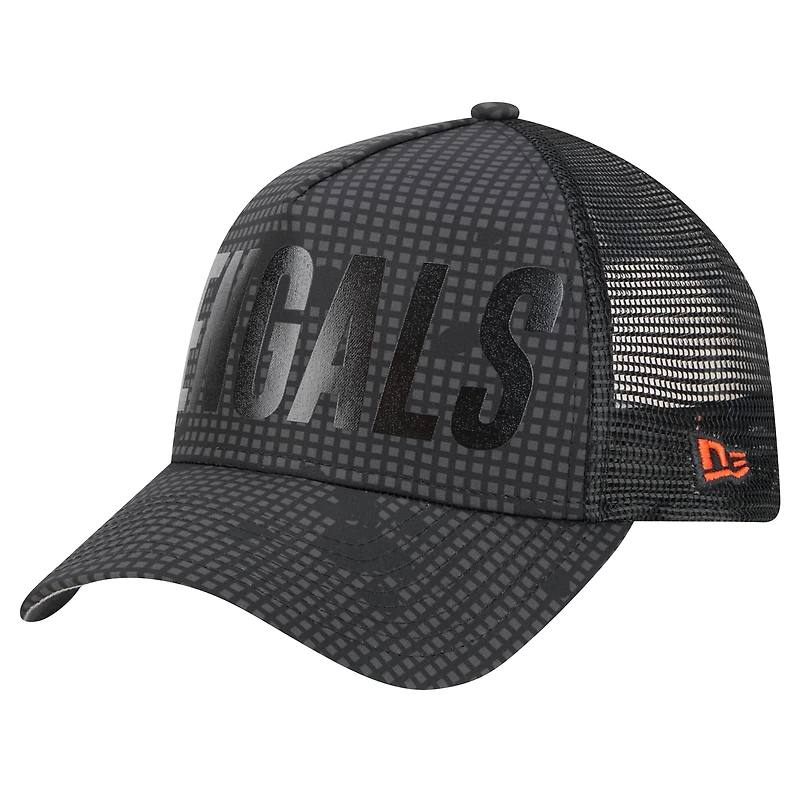 Men's New Era Black Cincinnati Bengals Midnight Ink Tonal Text A-Frame Trucker 9FORTY Adjustable Hat