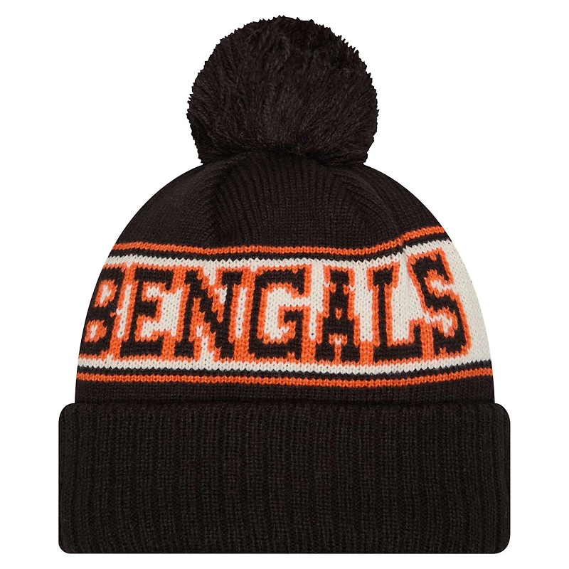 Bonnet en tricot à revers rétro Cincinnati Bengals New Era noir pour homme avec pompon
